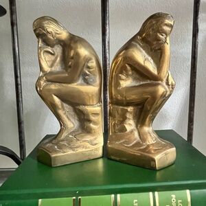 Vtg Pair Bookends Statue The Thinker Brass Metal